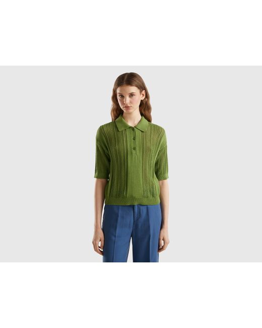 Benetton Green Crochet Knit Polo Shirt