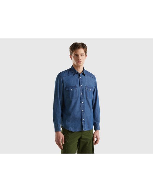 Benetton Blue Regular Fit Shirt In Chambray for men
