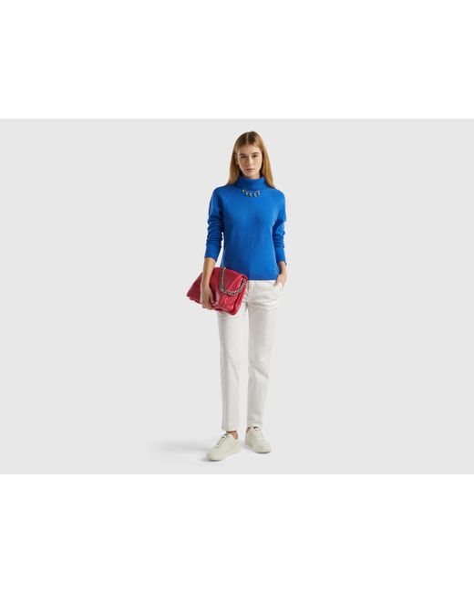 Benetton Blue Turtleneck Sweater In Cashmere And Wool Blend