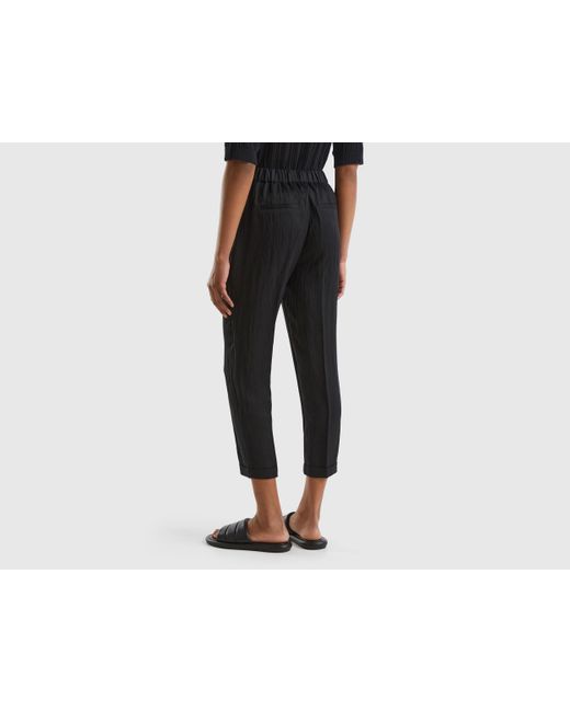 Benetton Black Cuffed Trousers In Sustainable Viscose Blend