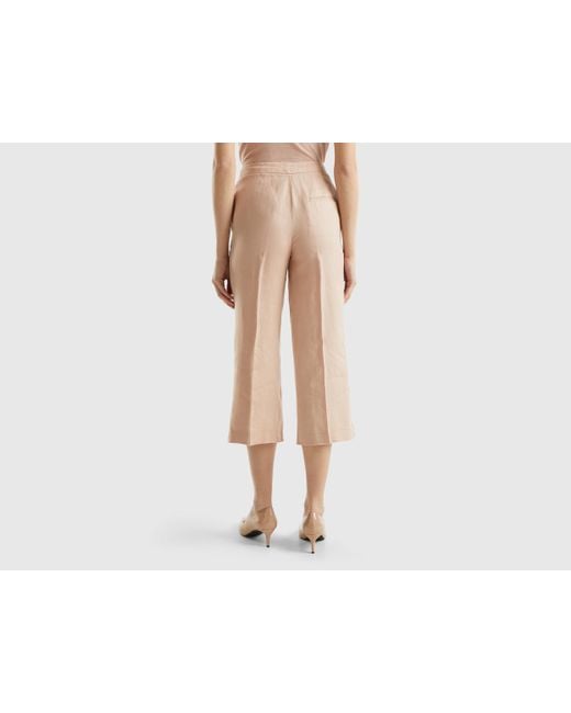 Benetton Black Cropped Trousers In Pure Linen