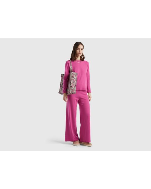 Benetton Pink Rundhalspullover In Rosa Aus Mischgewebe Wolle Und Cashmere