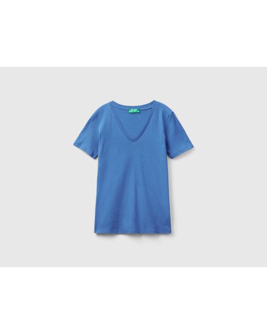 T-shirt In Puro Cotone Con Scollo A V di Benetton in Blue