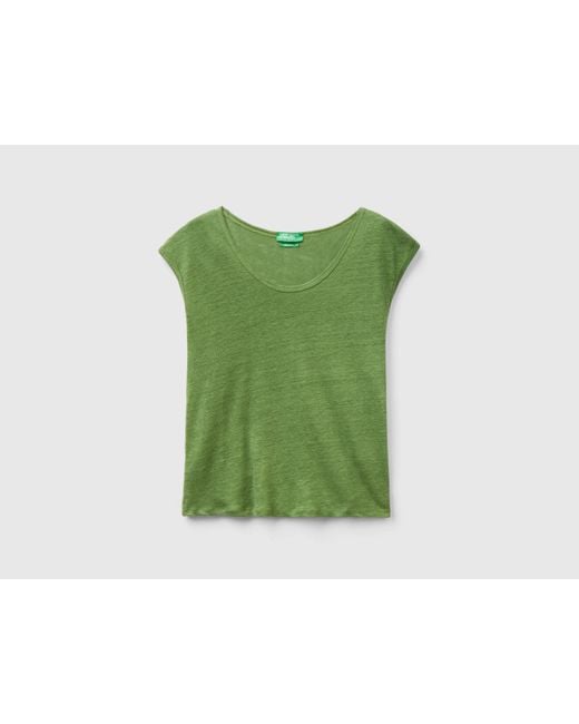 Benetton Green T-shirt Mit Weitem Halsausschnitt Aus Reinem Leinen
