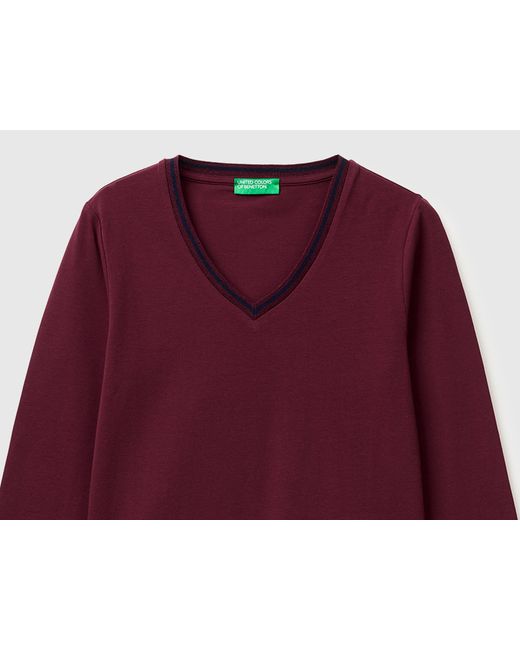 Benetton, T-Shirt Ajusté À Col En V, Taille, Bordeaux, Femme Benetton en coloris Red