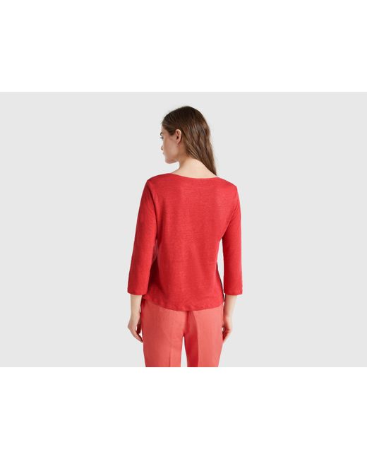 Benetton Red Benetton, Pure Linen T-Shirt With 3/4 Sleeves