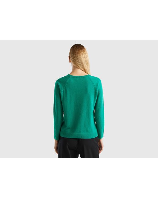 Benetton Blue Aqua Green Crew Neck Sweater In Wool And Cashmere Blend
