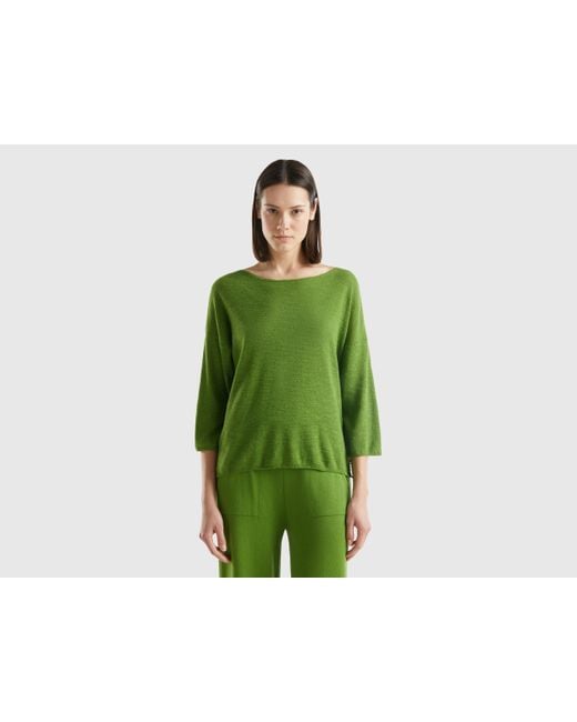 Benetton Green Sweater In Linen Blend With 3/4 Sleeves