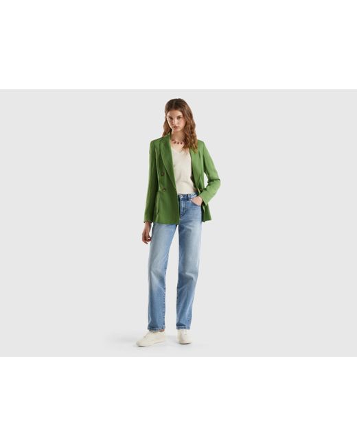 Benetton Green Double-breasted Blazer In Sustainable Viscose Blend