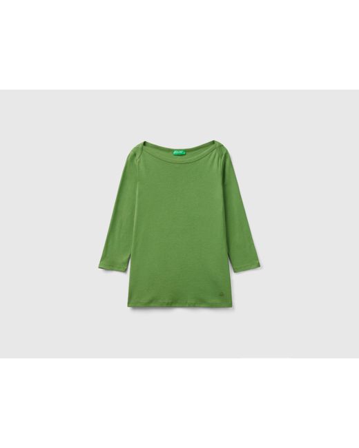Benetton Green T-shirt With Boat Neck In 100% Cotton