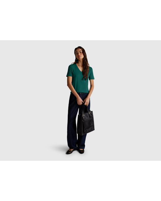 Benetton, T-Shirt Col V En Pur Coton, Taille, Vert Foncé, Femme Benetton en coloris Black
