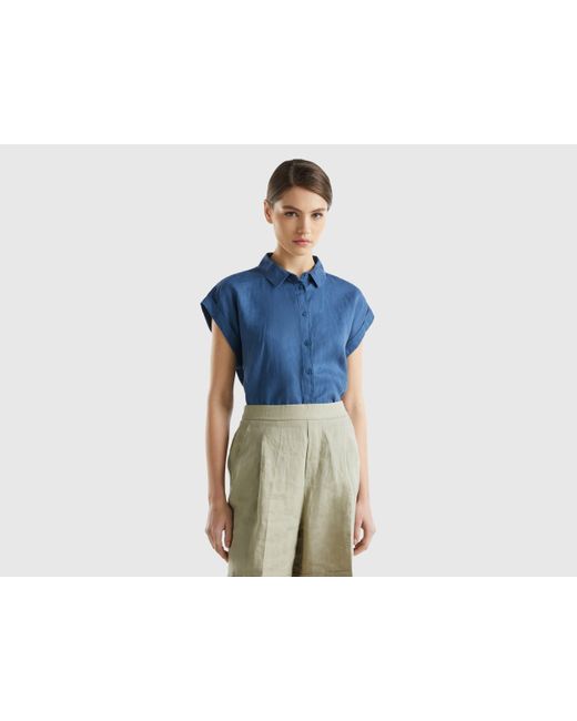 Benetton Blue Boxy Fit Shirt In Pure Linen