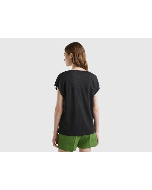 Benetton Black V-neck T-shirt In Pure Linen