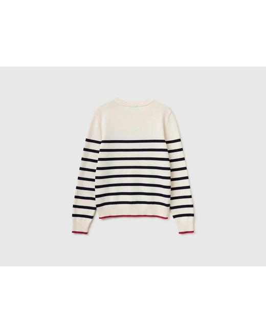 Benetton White Benetton, Striped Sweater With Embroidered Writing