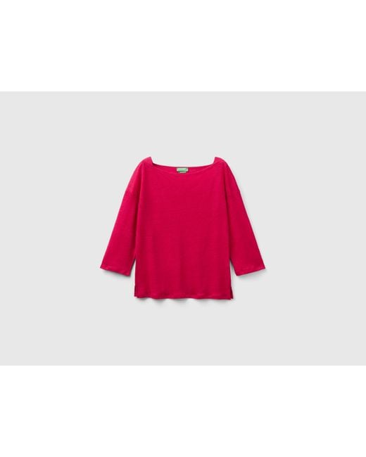 Benetton Red 3/4 Sleeve T-shirt In Pure Linen
