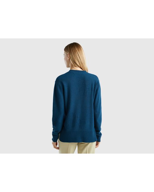 Benetton Blue Cashmere Blend Sweater With Floral Designs