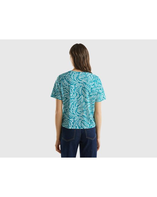 Benetton Blue Gemustertes T-shirt Aus Langfaseriger Baumwolle