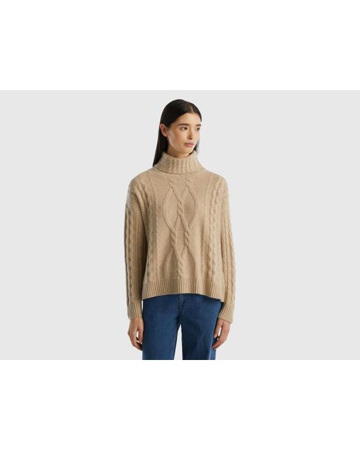 Benetton Blue Pure Cashmere Turtleneck With Cable Knit