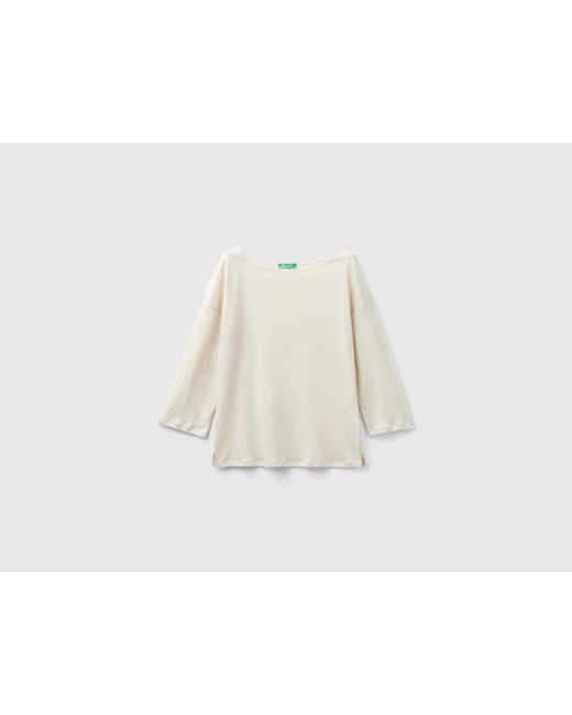 Benetton Natural 3/4 Sleeve T-shirt In Pure Linen