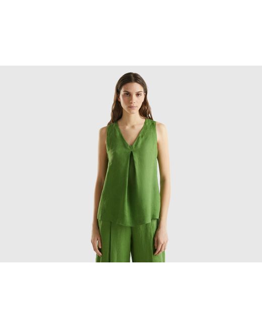 Benetton Green Sleeveless Blouse In Pure Linen