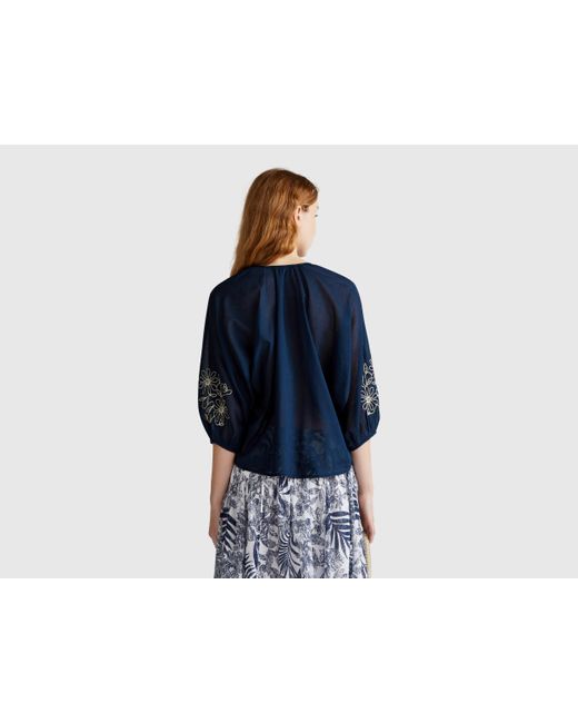Benetton, Blusa Con Bordado Floral, Azul Oscuro, Mujer Benetton de color Blue