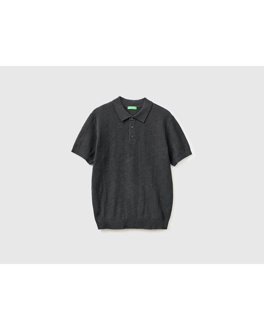 Benetton Black Benetton, Textured Linen Blend Polo Shirt for men
