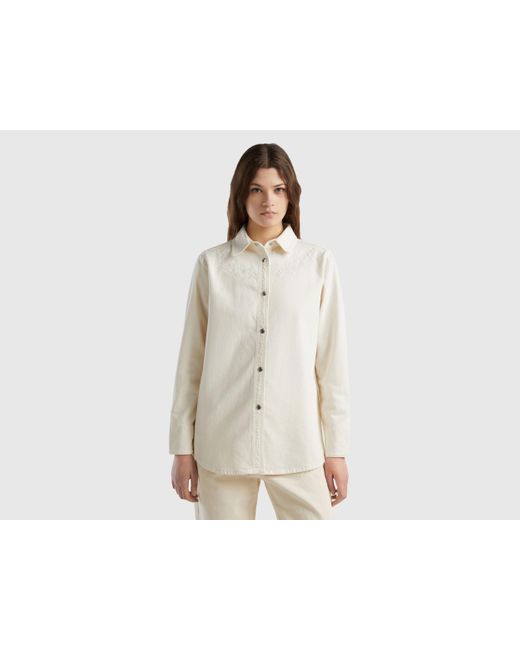 Benetton White Oversized Shirt With Floral Embroidery