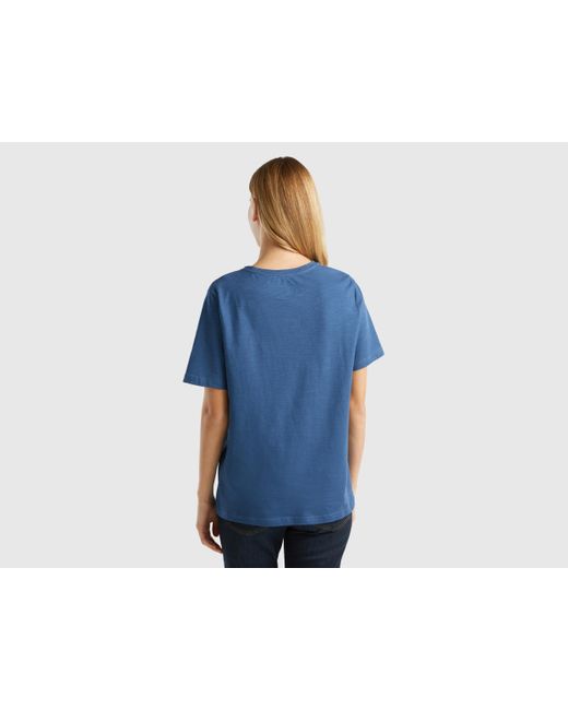 Benetton Blue Crew Neck T-shirt In Slub Cotton