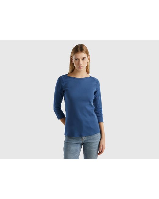 Benetton Blue T-shirt Mit U-bootausschnitt Aus 100% Baumwolle
