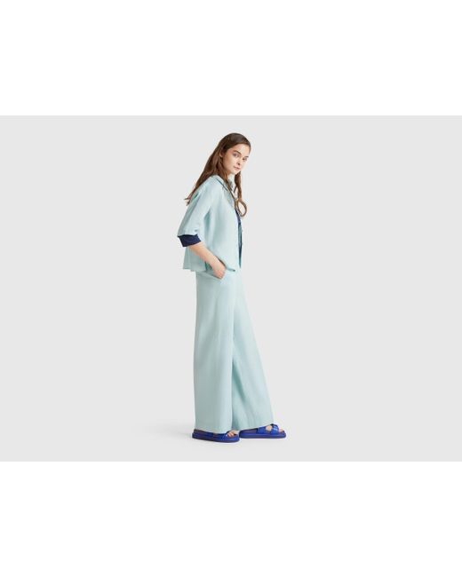 Benetton, Pantalon Palazzo En 100% Lin, Bleu Vert, Femme Benetton en coloris Black