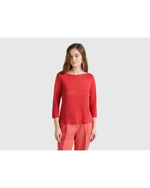 Benetton Red Benetton, Pure Linen T-Shirt With 3/4 Sleeves