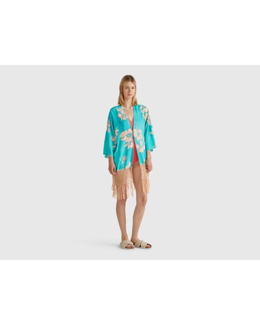 Benetton Black Benetton, Kimono-Pullover Mit Blumendruck, Türkisblau