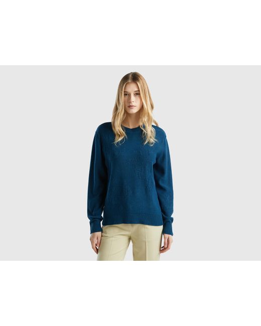 Benetton Blue Cashmere Blend Sweater With Floral Designs