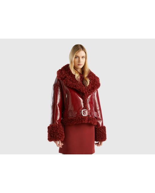 Benetton Red Biker Jacket In Imitation Leather And Faux Fur