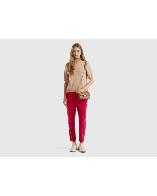 Benetton Red Camel Short Sleeve Turtleneck In Cashmere Blend