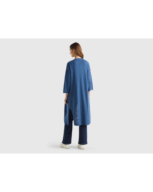 Benetton Blue Long Cardigan In Linen Blend