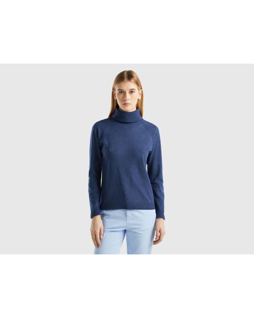 Benetton Air Force Blue Turtleneck Sweater In Cashmere And Wool Blend