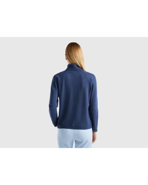 Benetton Air Force Blue Turtleneck Sweater In Cashmere And Wool Blend