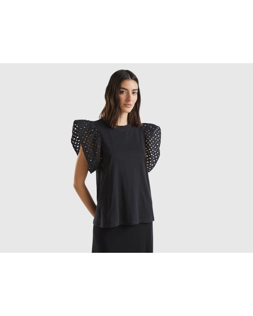 Benetton Black T-shirt With Ruffled Sleeves