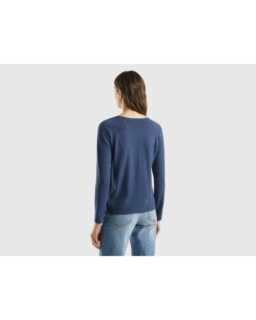 Benetton Air Force Blue Crew Neck Sweater In Cashmere And Wool Blend