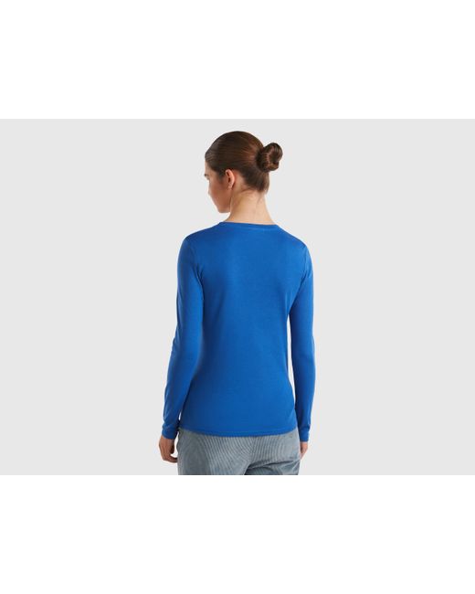 Benetton Blue Benetton, Long Sleeve T-Shirt With V-Neck, , Air Force