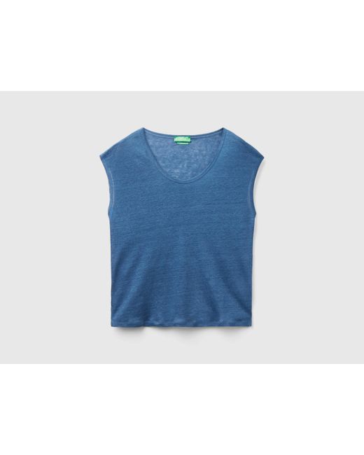 Benetton Blue T-shirt Mit Weitem Halsausschnitt Aus Reinem Leinen