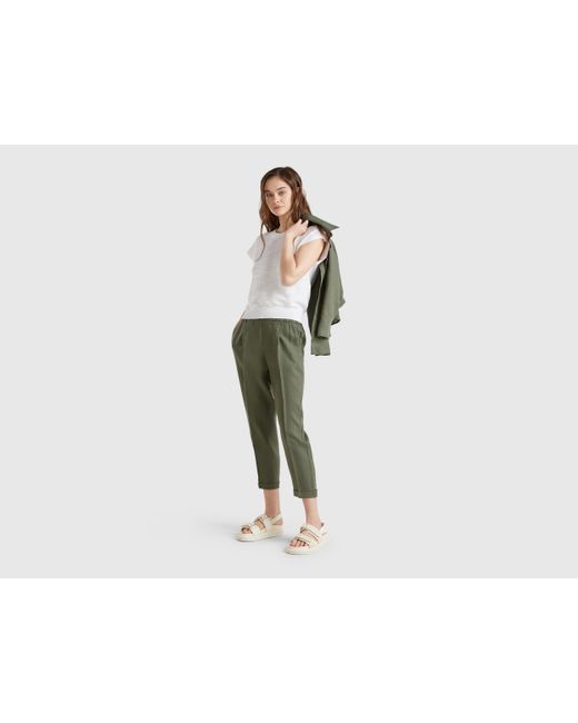 Benetton, Pantalon Court En 100% Lin, Kaki, Femme Benetton en coloris Black