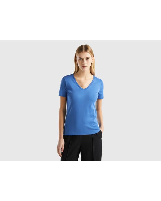 Camiseta De Algodón Puro Con Escote De Pico Benetton de color Blue