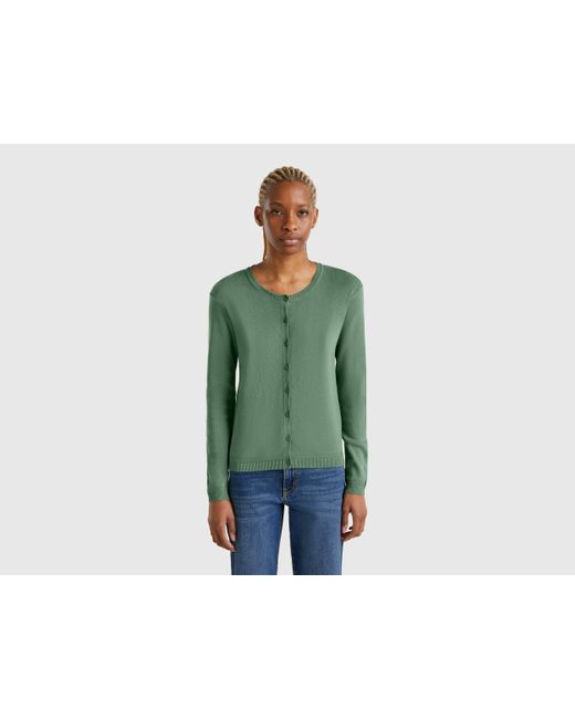 Benetton, Cárdigan De Cuello Redondo De 100 Algodón, Verde Oscuro, Mujer Benetton de color Green