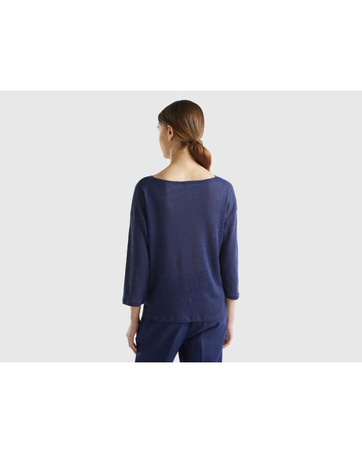 Benetton Blue 3/4 Sleeve T-shirt In Pure Linen