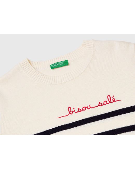 Benetton White Benetton, Striped Sweater With Embroidered Writing