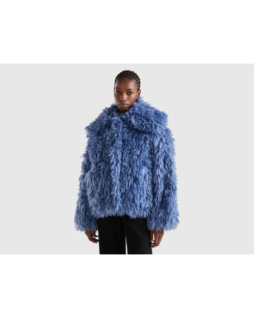 Benetton Blue Short Coat In Faux Fur