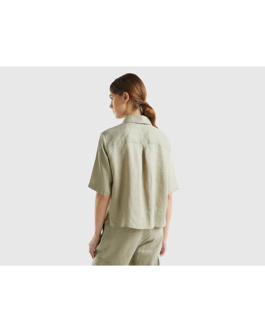 Benetton Green Short Shirt In Pure Linen