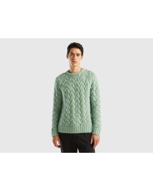 Benetton Green Mohair Blend Cable Knit Sweater for men